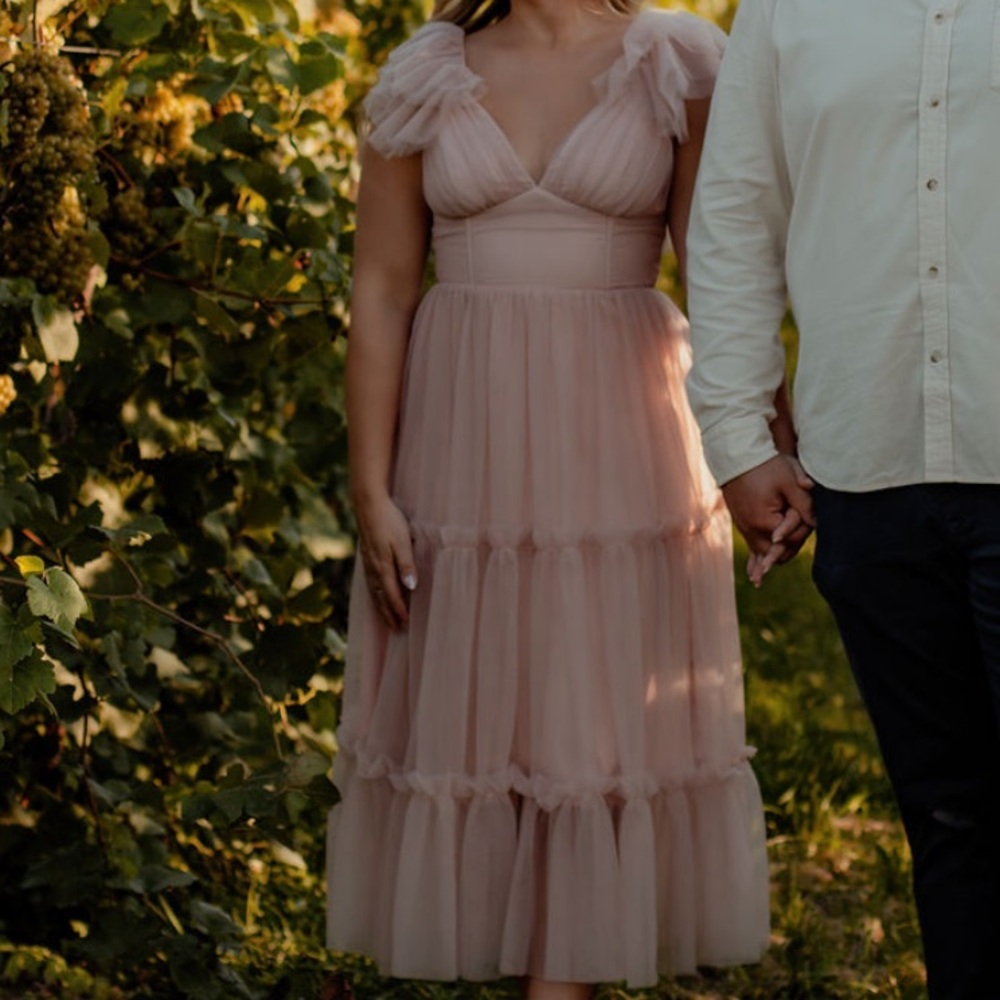 Amal Ruffle Shoulder Tulle Midi Dress
